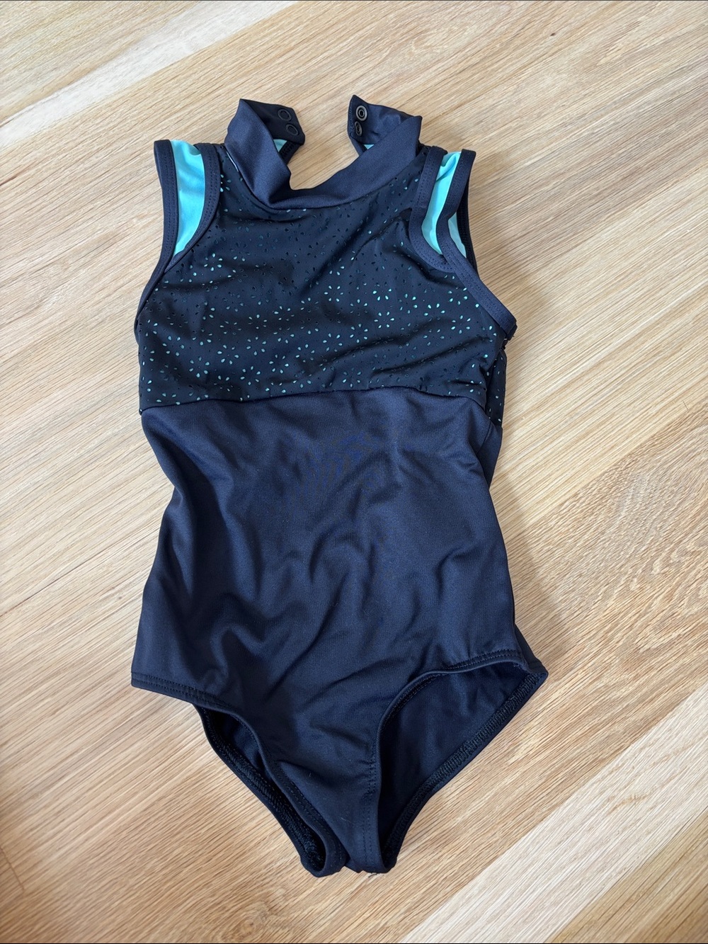 Lulli Dancewear Girl’s Black & Cyan Laser Cut Mock Neck Leotard